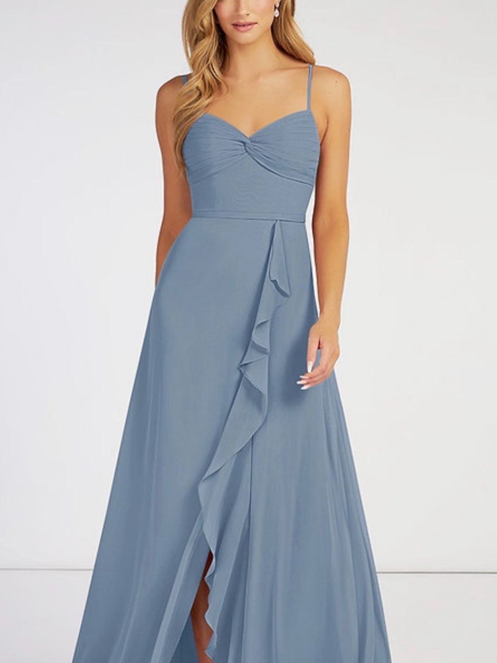 Azazie Evaline Bridesmaid Spaghetti-Strap Ruffle Maxi Dress in Dusty Blue